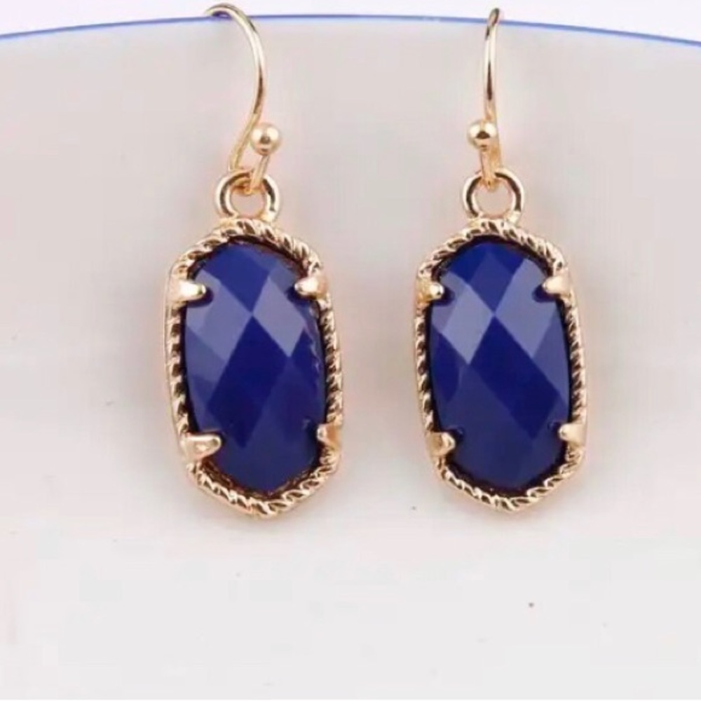 small Gold Royal Blue Oval hexagon faceted geometric Dangle earrings